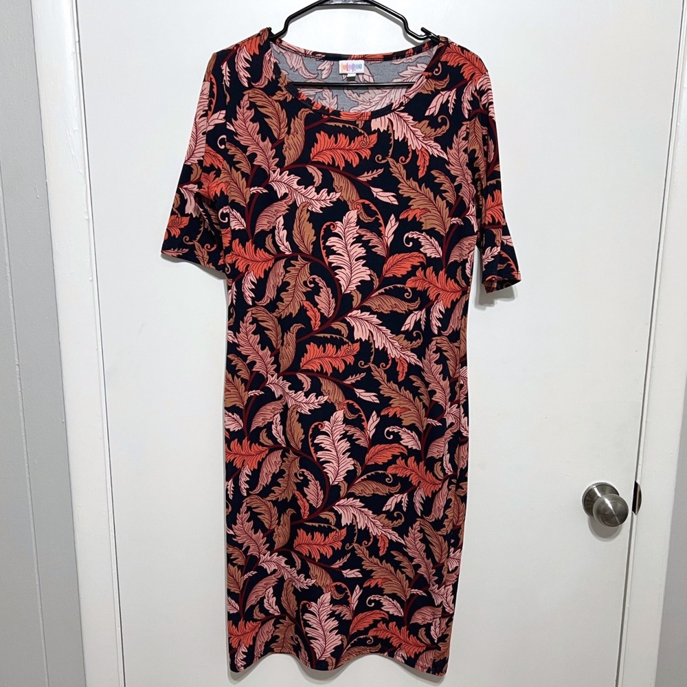 LuLaRoe Julia Dress Womens Large Black Pink‎ Leaf Print Short Sleeve Sheath Midi